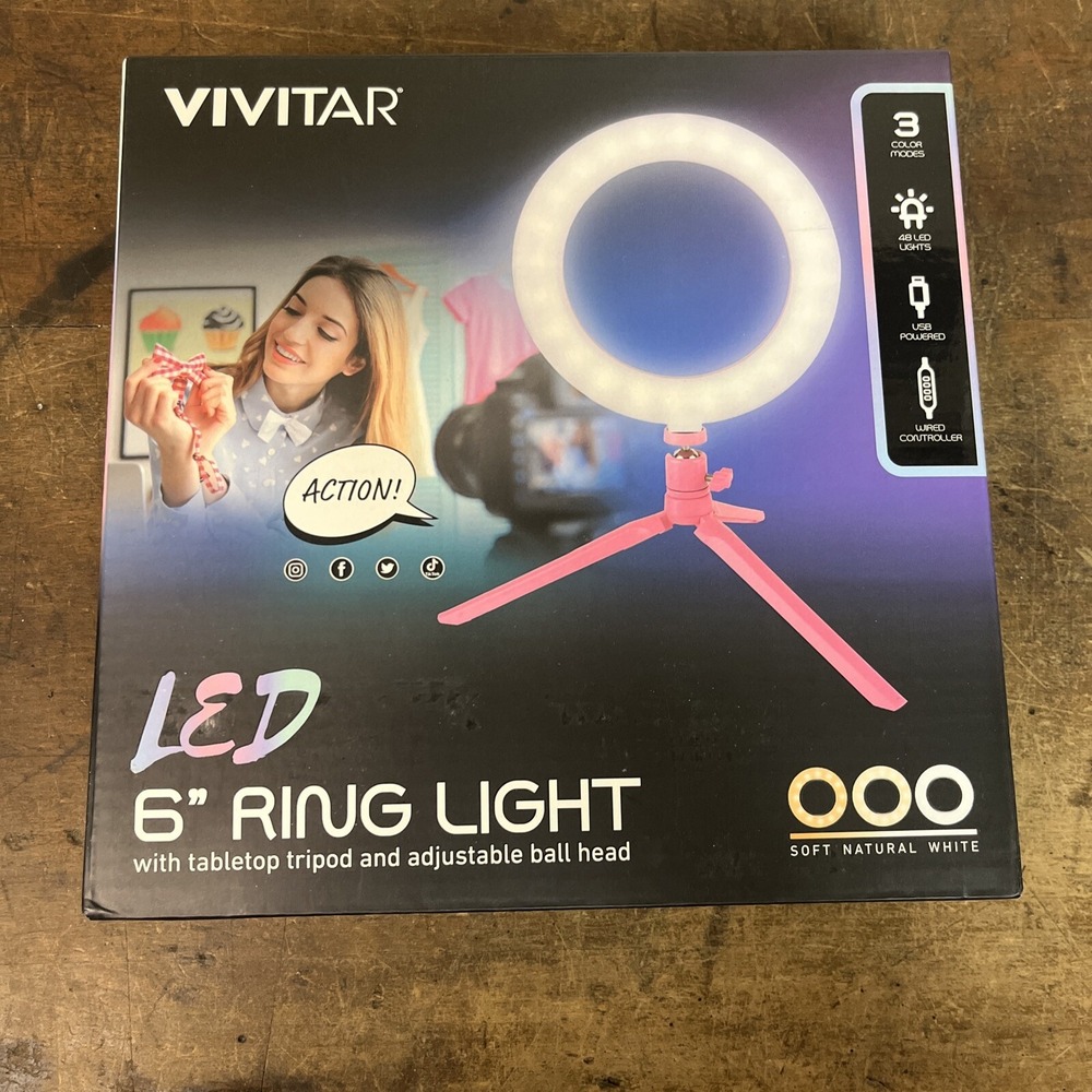 NEW Vivitar 6 Inch LED Ring Light Pink Base - 3 Modes, Adjustable, USB Powered